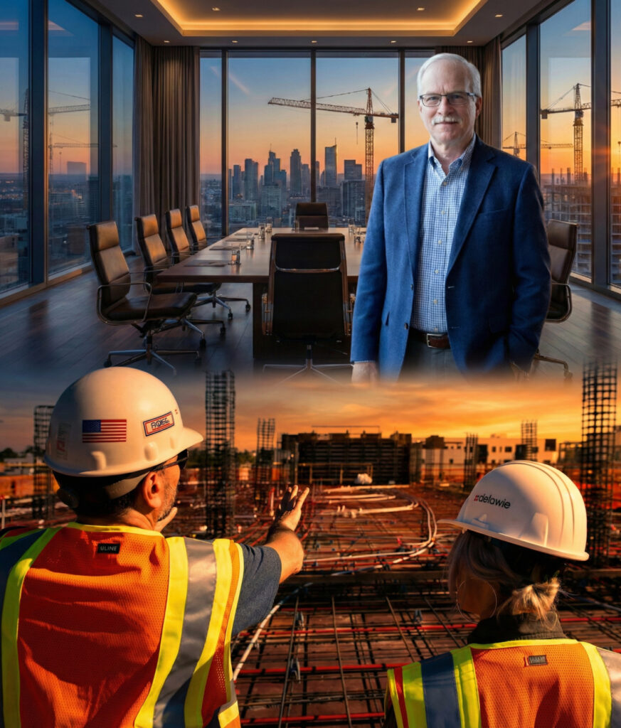 A two-part collage image. The top half shows a man in a blue blazer standing in a modern boardroom with a large conference table, overlooking a city skyline with construction cranes at sunset. The bottom half shows two construction workers wearing hard hats and safety vests on a rebar grid, with one worker pointing towards a wooden formwork structure under a warm sunset sky.
